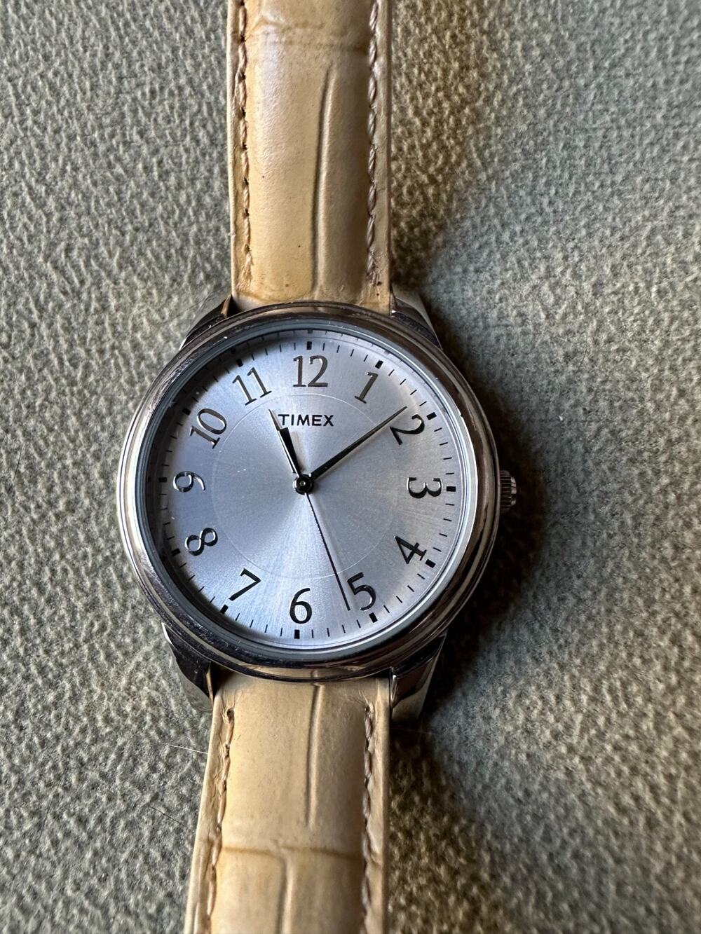 Women's Timex Croc Embossed Beige Leather Band Silver Tone Face T2P128